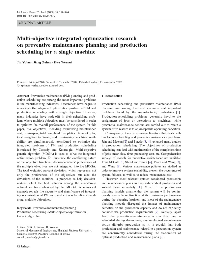 Multi-Objective Optimization in PM and Scheduling | PDF | Genetic ...