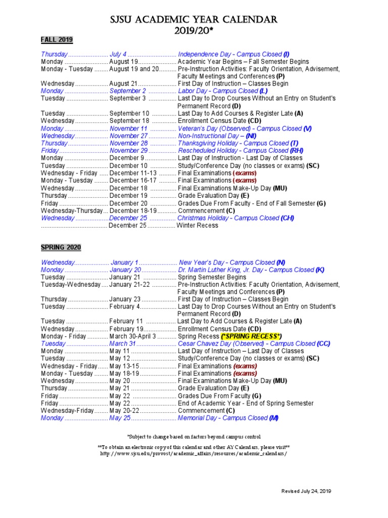 SJSU Academic Calendar 2019-20 | PDF | Academic Term | Schools