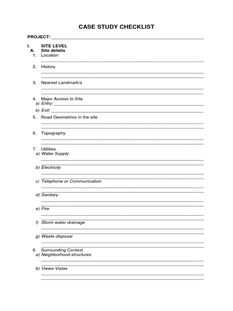 Case Study Checklist PROJECT I. Site Level A. Site Details PDF