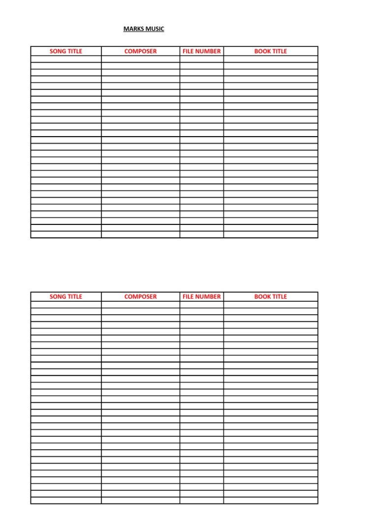 Music Filing Spreadsheet PDF