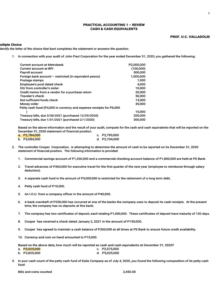 Cash & Cash Equivalents PDF PDF Debits And Credits Overdraft