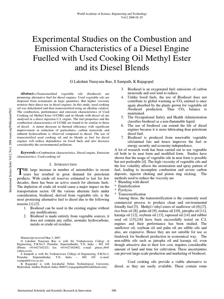 Combustion and Emission of UCME Blends | PDF | Biodiesel | Exhaust Gas