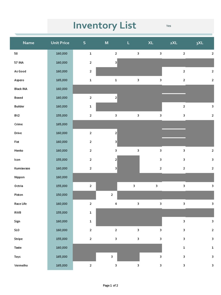 Inventory List with Pricing and Sizes | PDF
