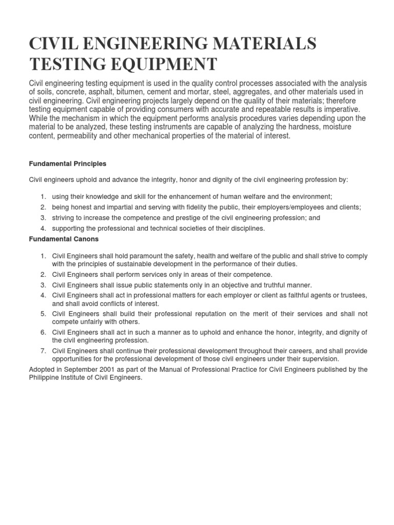 Civil Engineering Materials Testing Equipment Fundamental Principles