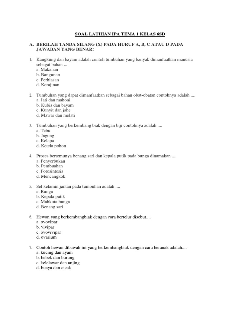 Soal Latihan Ipa Tema 1 Kelas 6sd