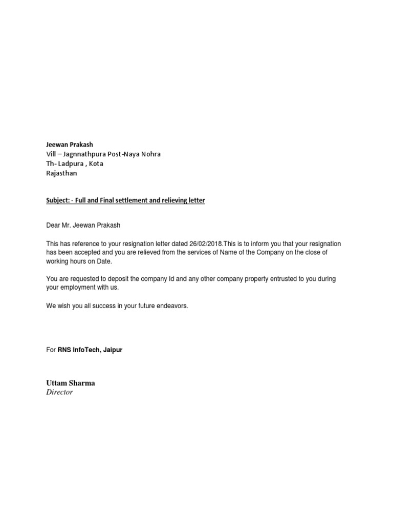 Full and Final Settlement Letter | PDF