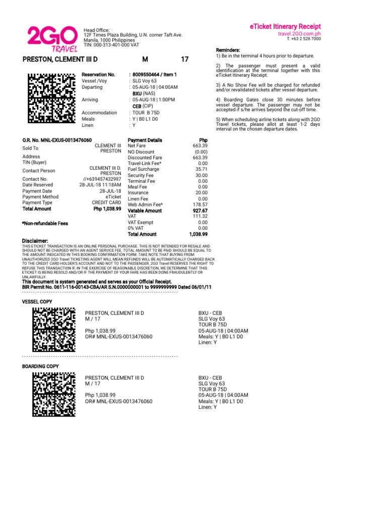 2GO Travel eTicket Itinerary Receipt | PDF | Ticket (Admission) | Fee