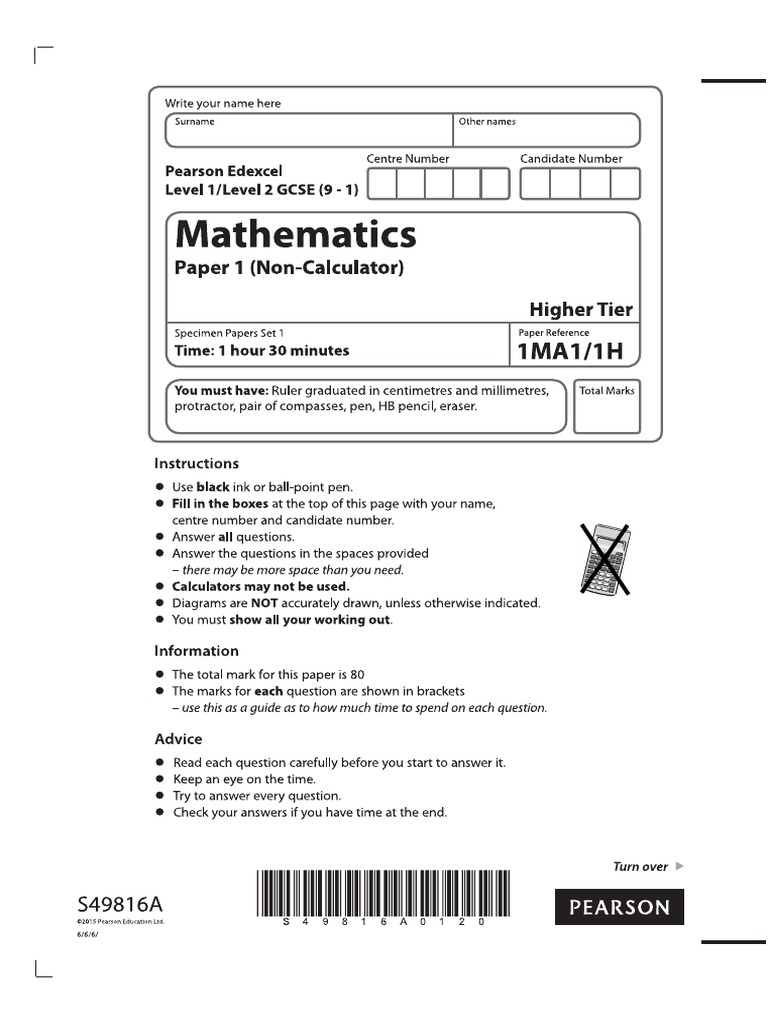 GCSE Maths Edexcel Specimen 1 NonCalculator (Paper 1) PDF