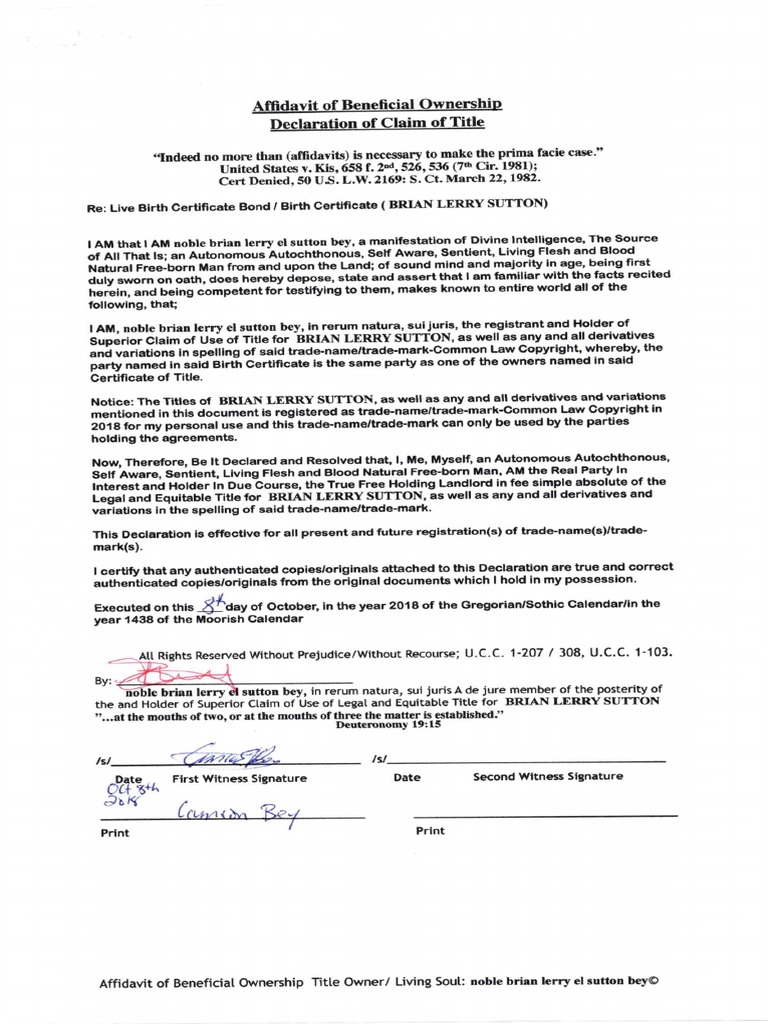 Download Affidavit of Benefcial Ownership of Title04 | Notary Public | Civil Law (Common Law)