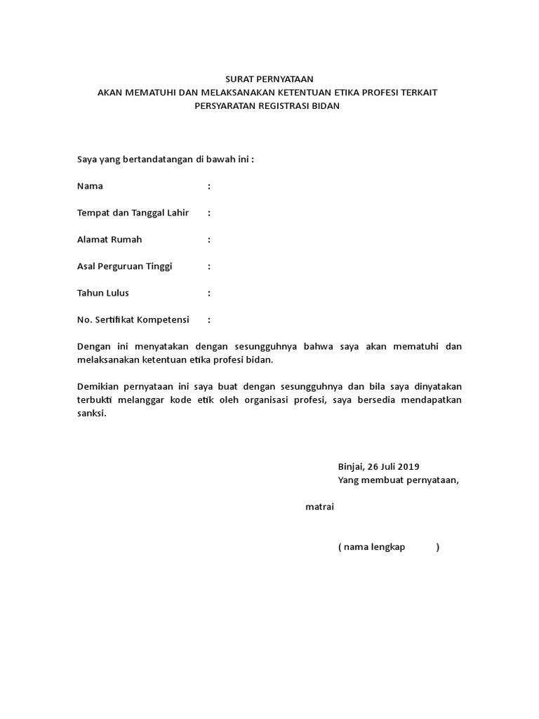 Surat Pernyataan Patuh Etika Profesi Bidan  PDF