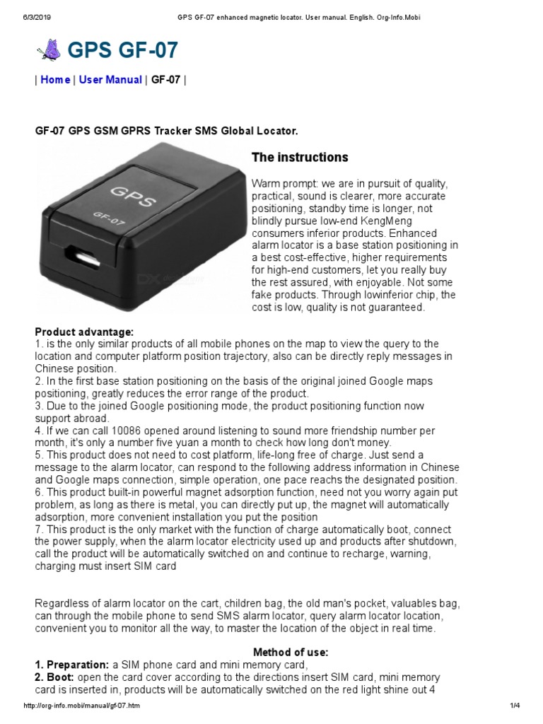 GPS GF-07 Enhanced Magnetic Locator. User Manual. PDF | Phones | Text Messaging