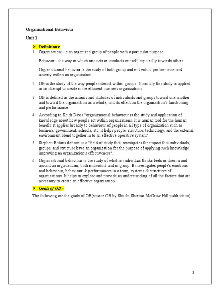 Organisational Behaviour-UNIT 1 - FINAL | PDF | Organizational Behavior ...