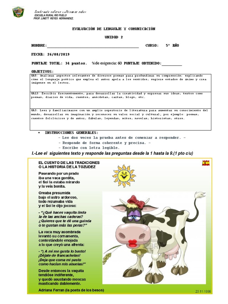 Evaluación de Lenguaje 5° Año | PDF | Artes del Lenguaje y Comunicación