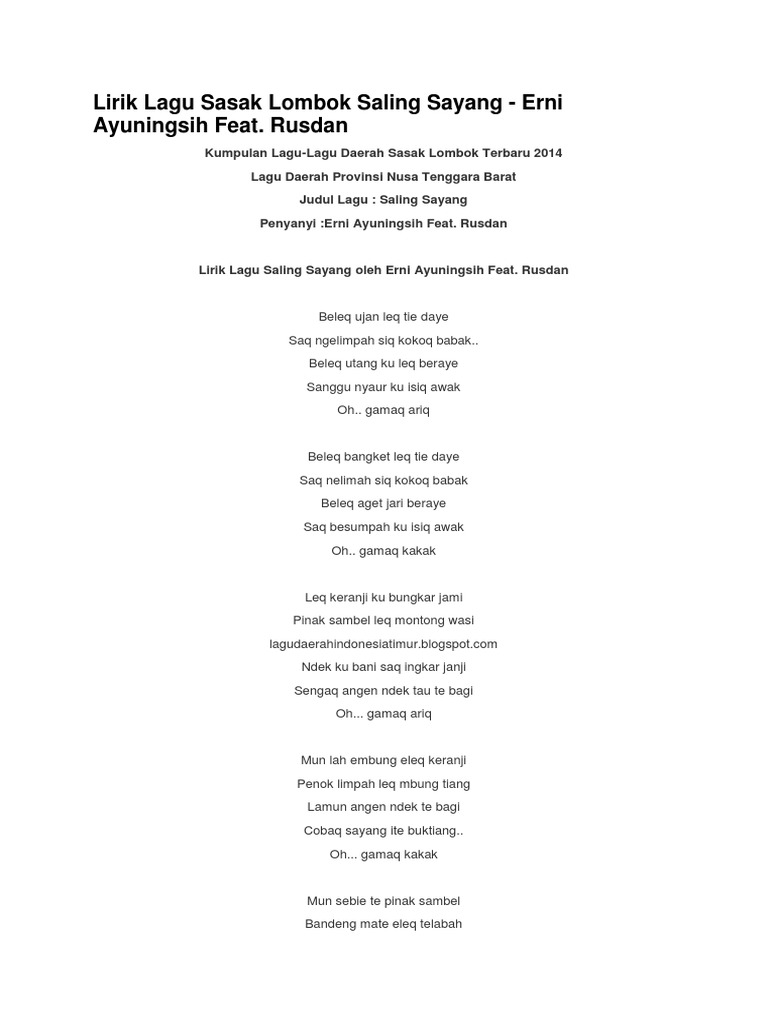 Lirik Lagu Saling Sayang Oleh Erni Ayuningsih Feat Rusdan Docx