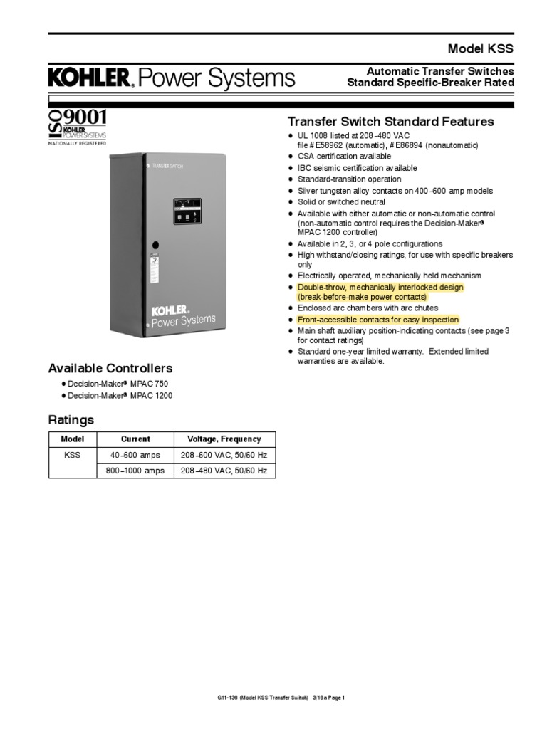 Model KSS: Automatic Transfer Switches Standard Specific-Breaker Rated ...