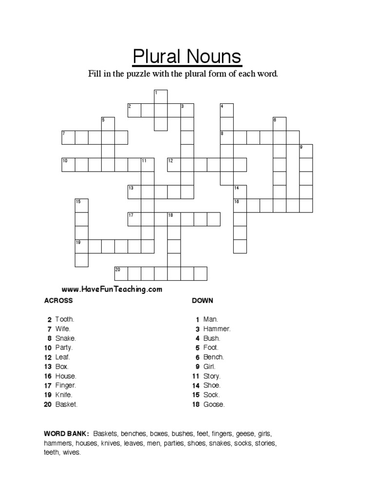 Plural Nouns Crossword Puzzle PDF PDF