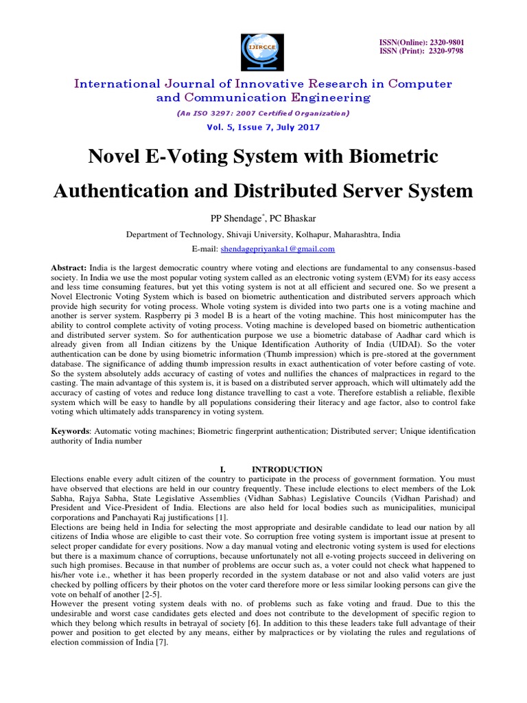 Novel Evoting System With Biometric Authentication and Distributed ...