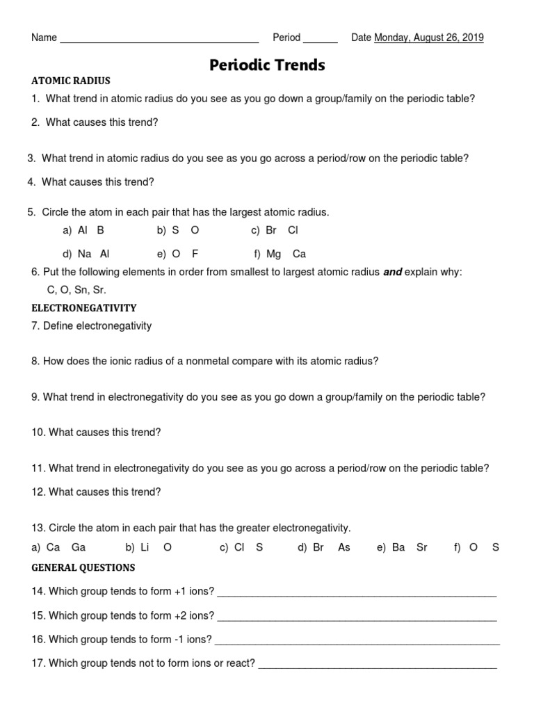 Periodic trends worksheet answer