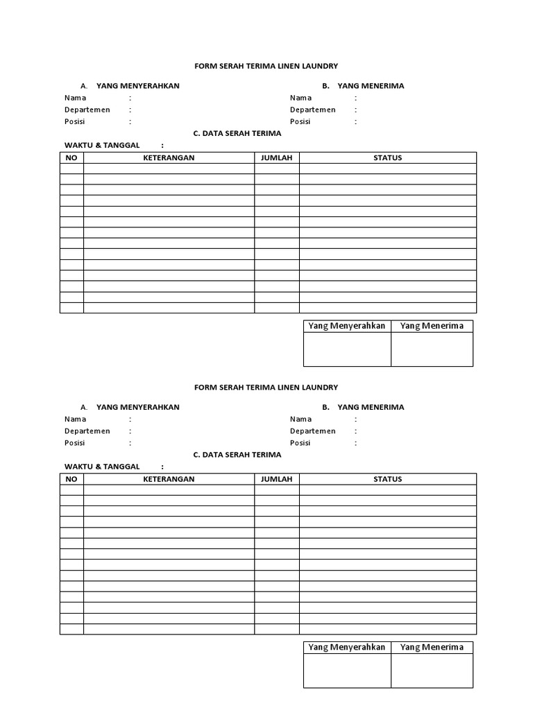 Form Serah Terima Linen Laundry