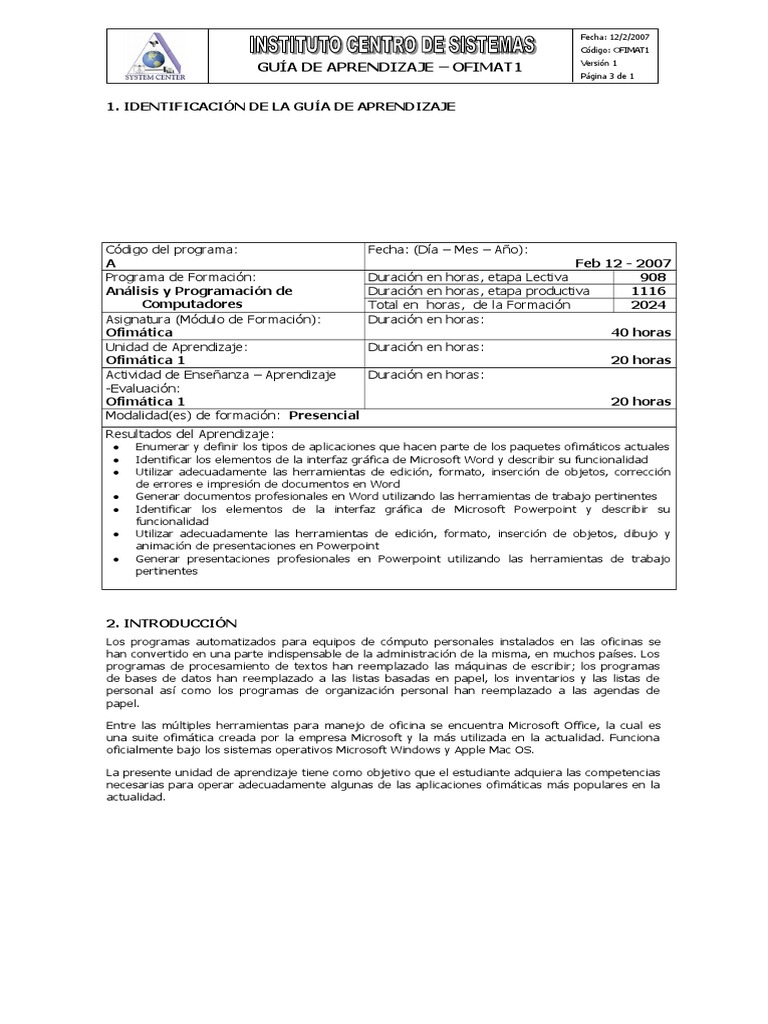 Guía de Aprendizaje en Ofimática | PDF | Microsoft Word | Microsoft ...