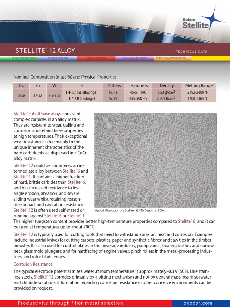 Stellite Grade 12Datasheet PDF Tungsten Ultimate Tensile Strength