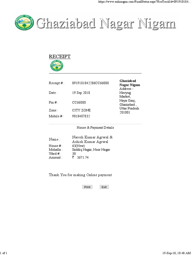 Receipt for Property Tax Payment in Ghaziabad, India Detailing