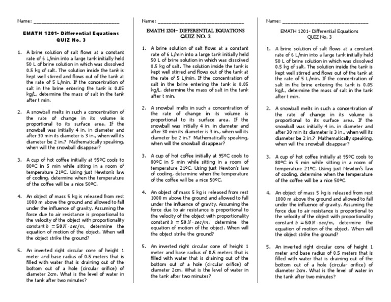 EMATH 1201Differential Equations Quiz No. 3 PDF Concentration Force