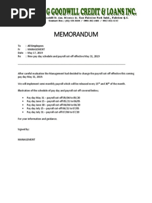 Memo on Payroll Cut Off