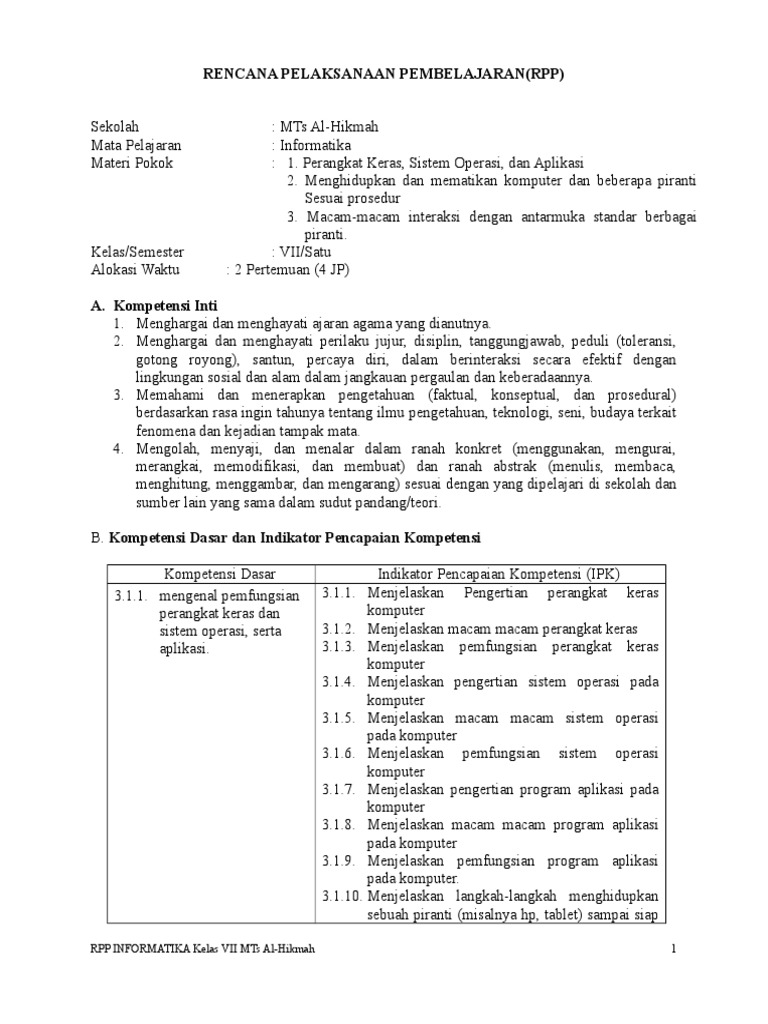 RPP Informatika Kelas 7 Semester 1 | PDF