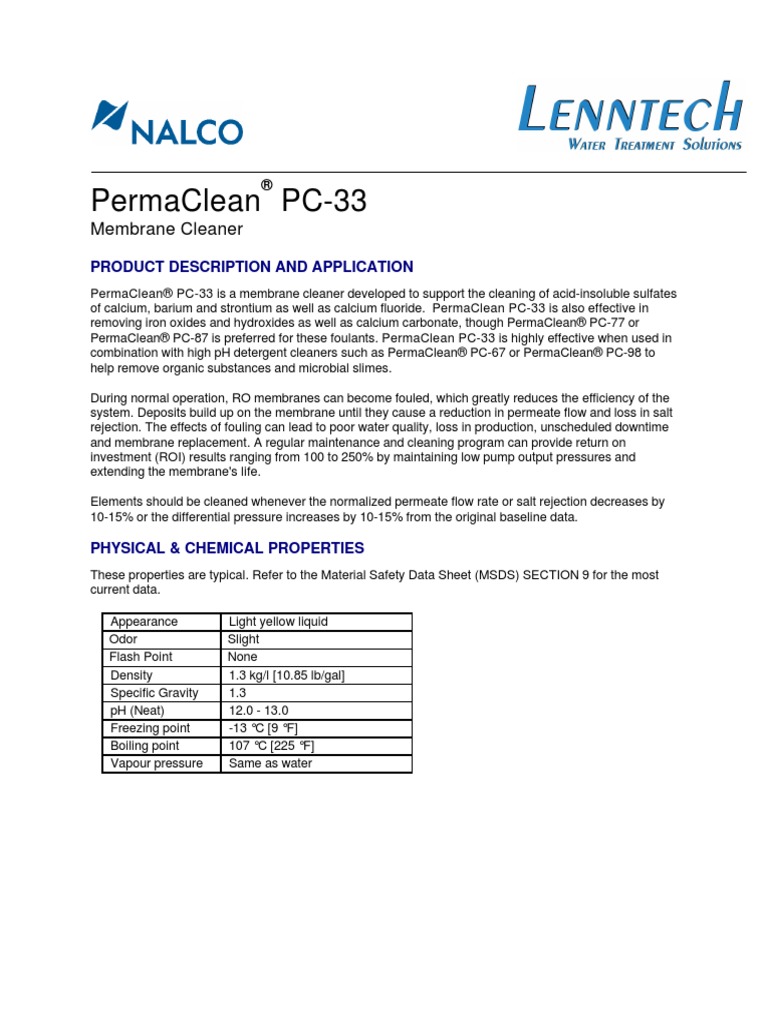 Ecolab Permaclean PC 33 L | PDF | Membrane | Calcium