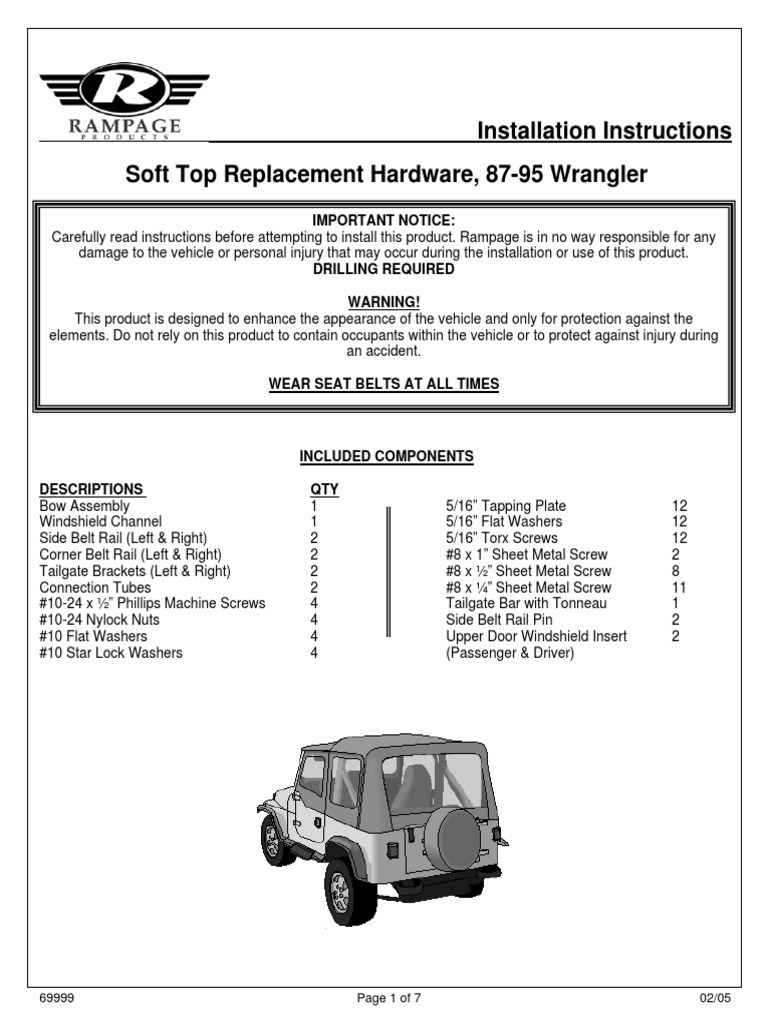 Installation Instructions Soft Top Replacement Hardware, 8795 Wrangler