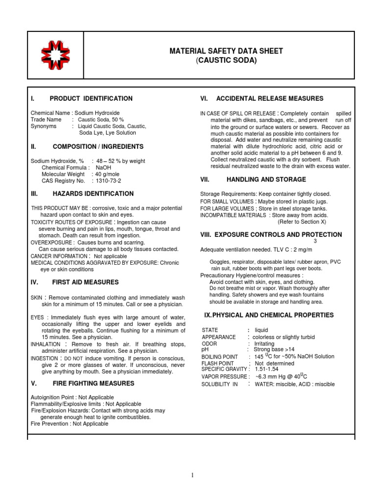 (Caustic Soda) Material Safety Data Sheet PDF Sodium Hydroxide Chemical Substances