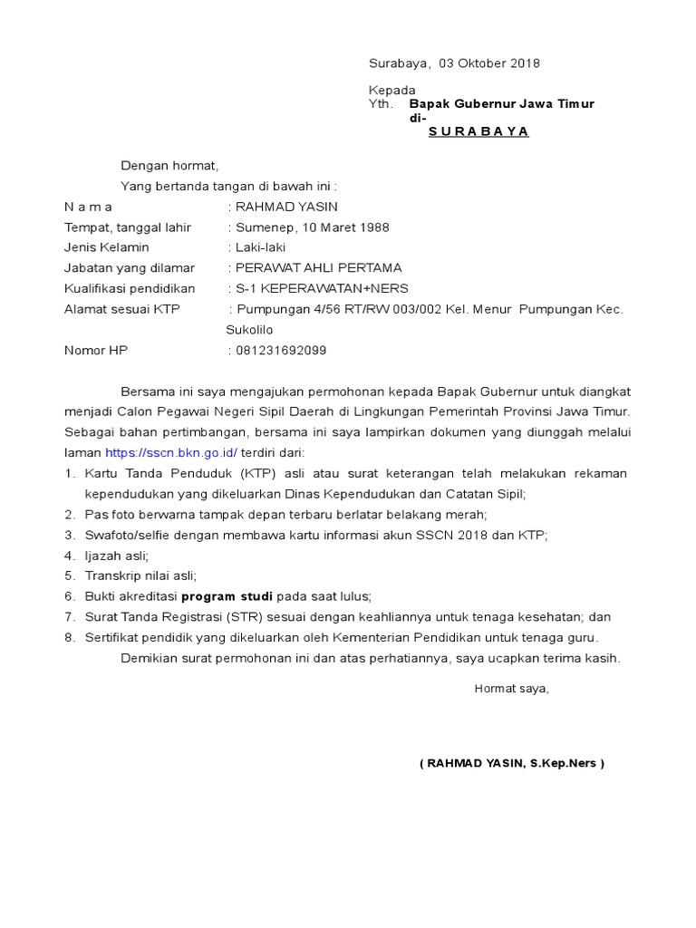 Surat Lamaran Cpns 2018 Surabaya
