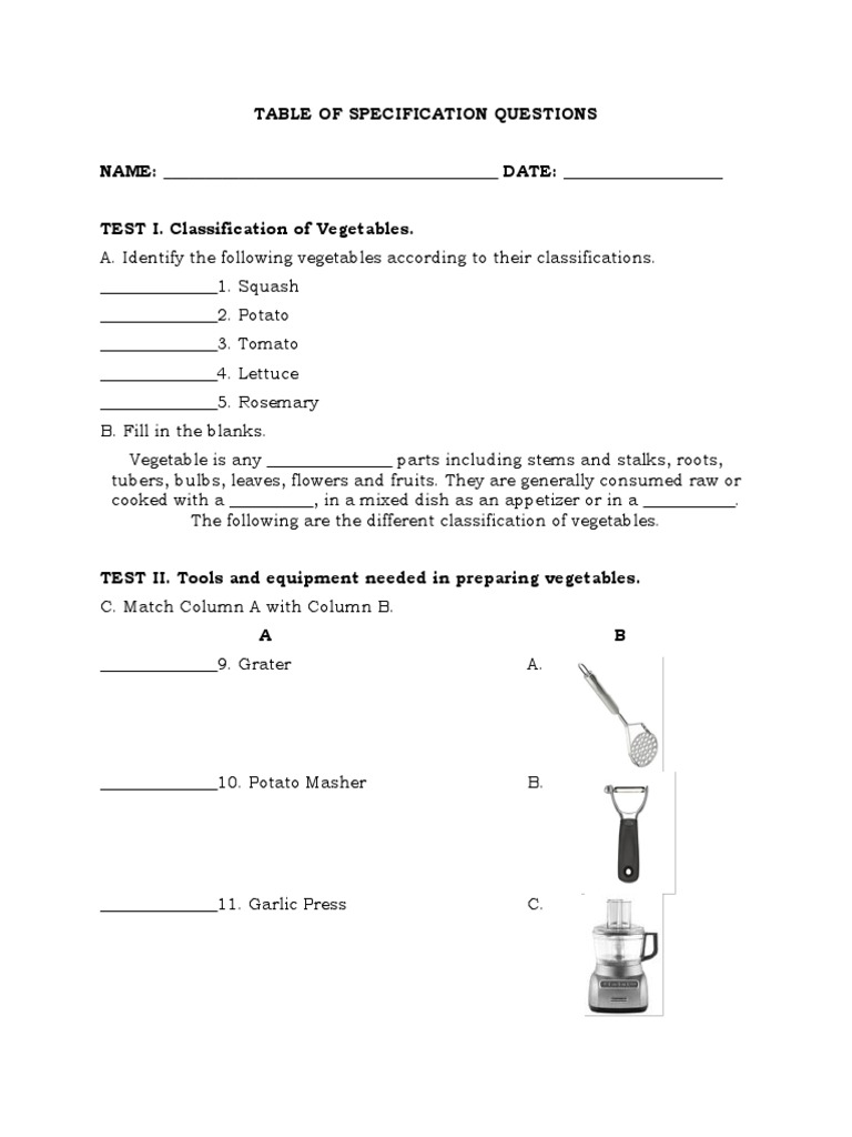Table of Specification Questions | PDF | Vegetables | Turnip