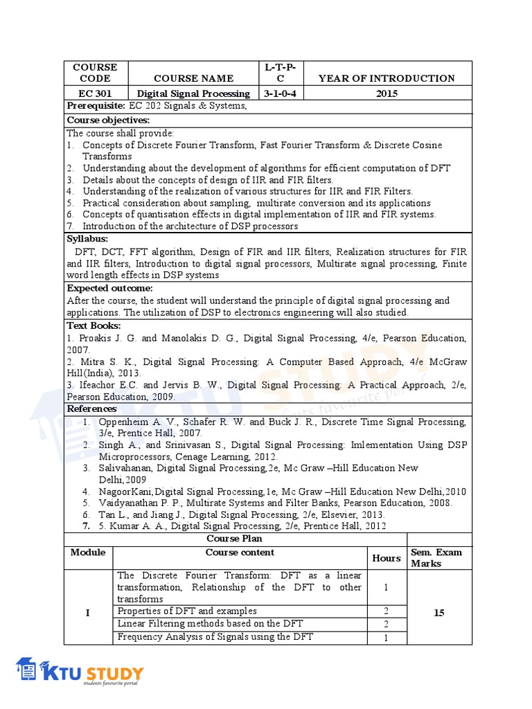 Digital Signal Processing S5 Syllabus PDF Digital Signal Processing