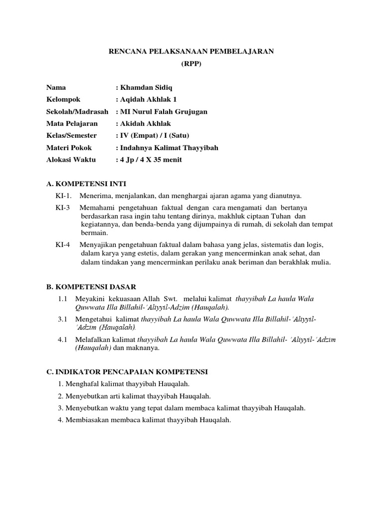 Rencana Pelaksanaan Pembelajaran Khamdan Sidiq Kelompok Aqidah Akhlak 1