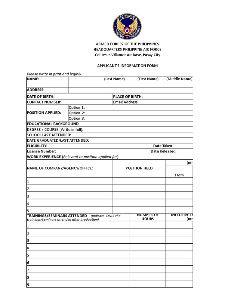 Please Write in Print and Legibly: (Indicate ONLY The Trainings ...