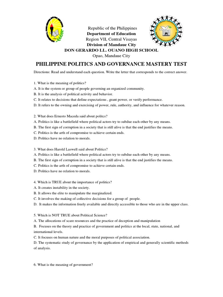 Philippine Politics and Governance Mastery Test | PDF | Supreme Courts ...