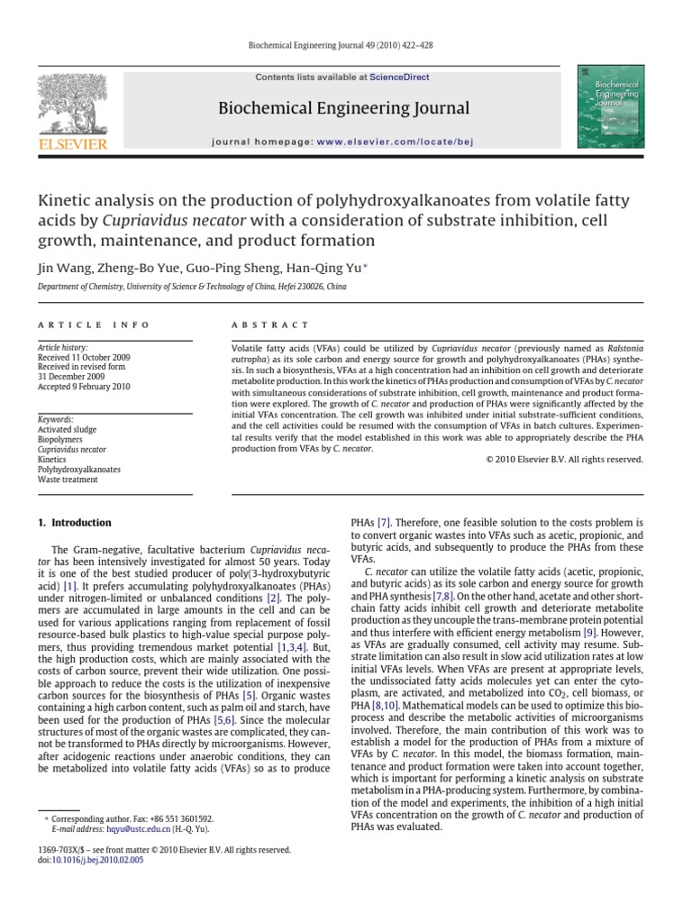 Kinetic Analysis On The Production of Polyhydroxyalkanoates From ...