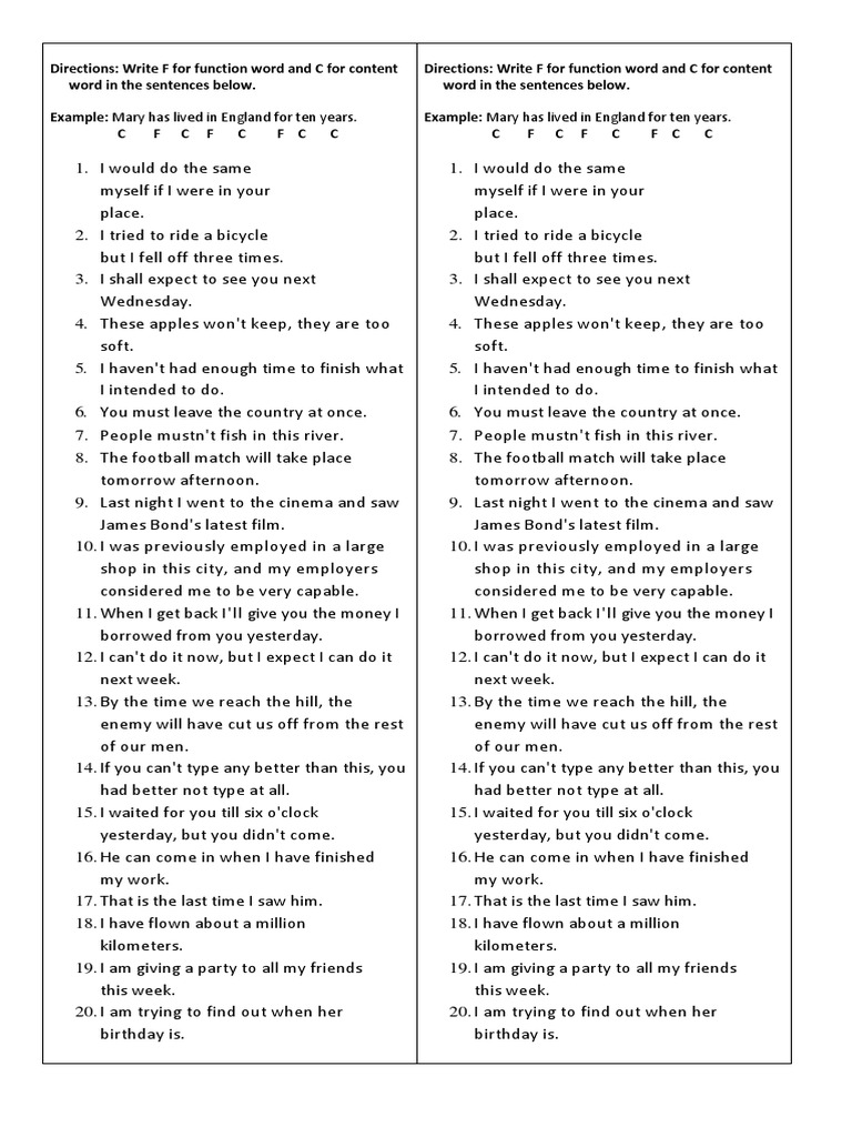 Function vs. Content Words Exercise | PDF