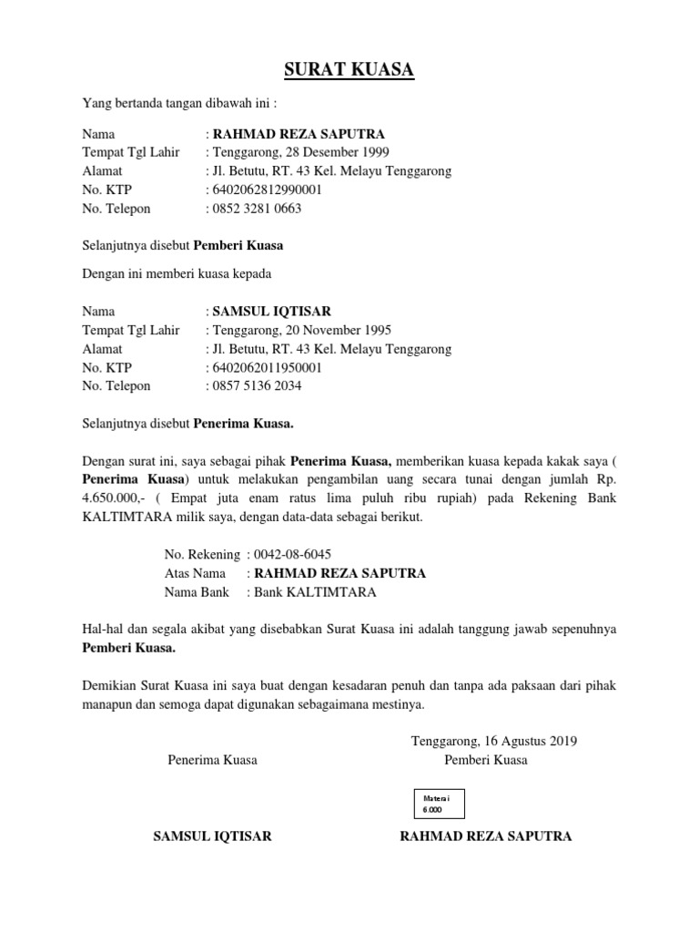 Surat Kuasa Bank Kaltimtara