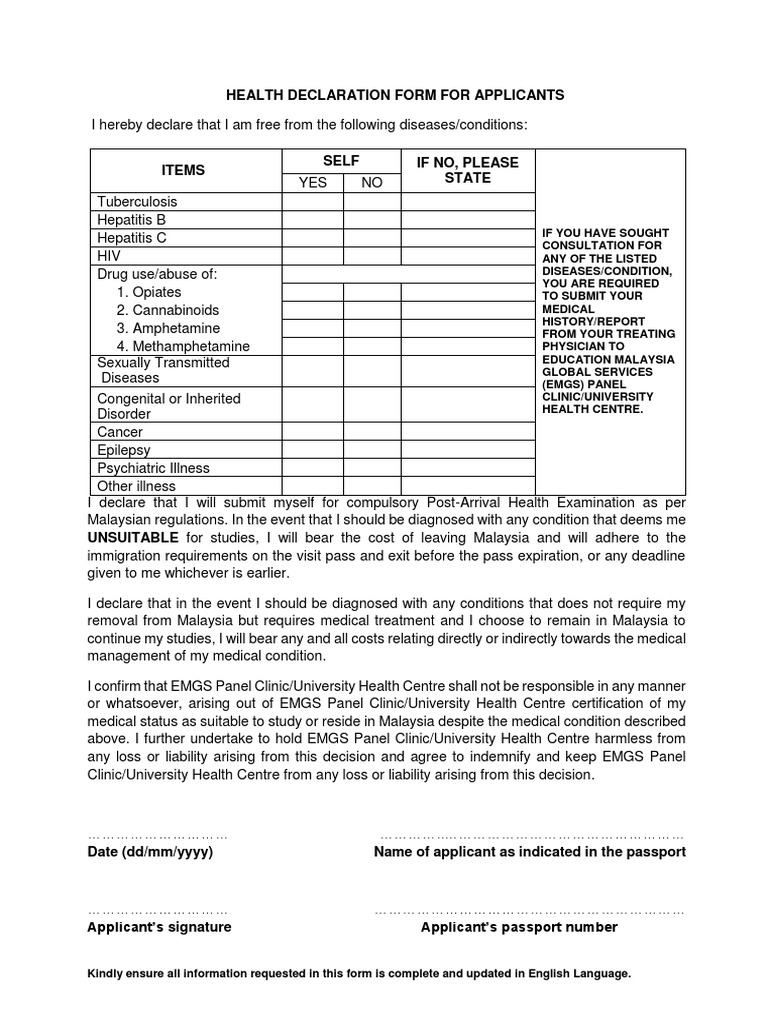Health Declaration Form for Applicants | PDF | Substance Abuse ...