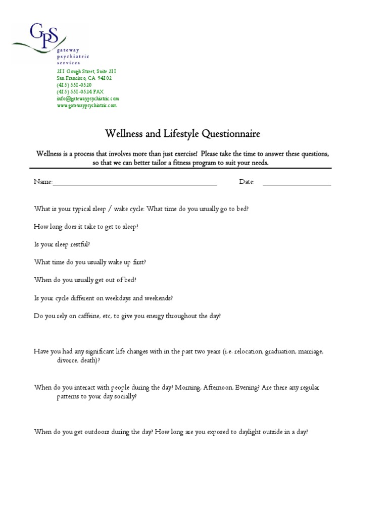 Wellness and Lifestyle Assessment Form | PDF | Sleep | Physical Fitness