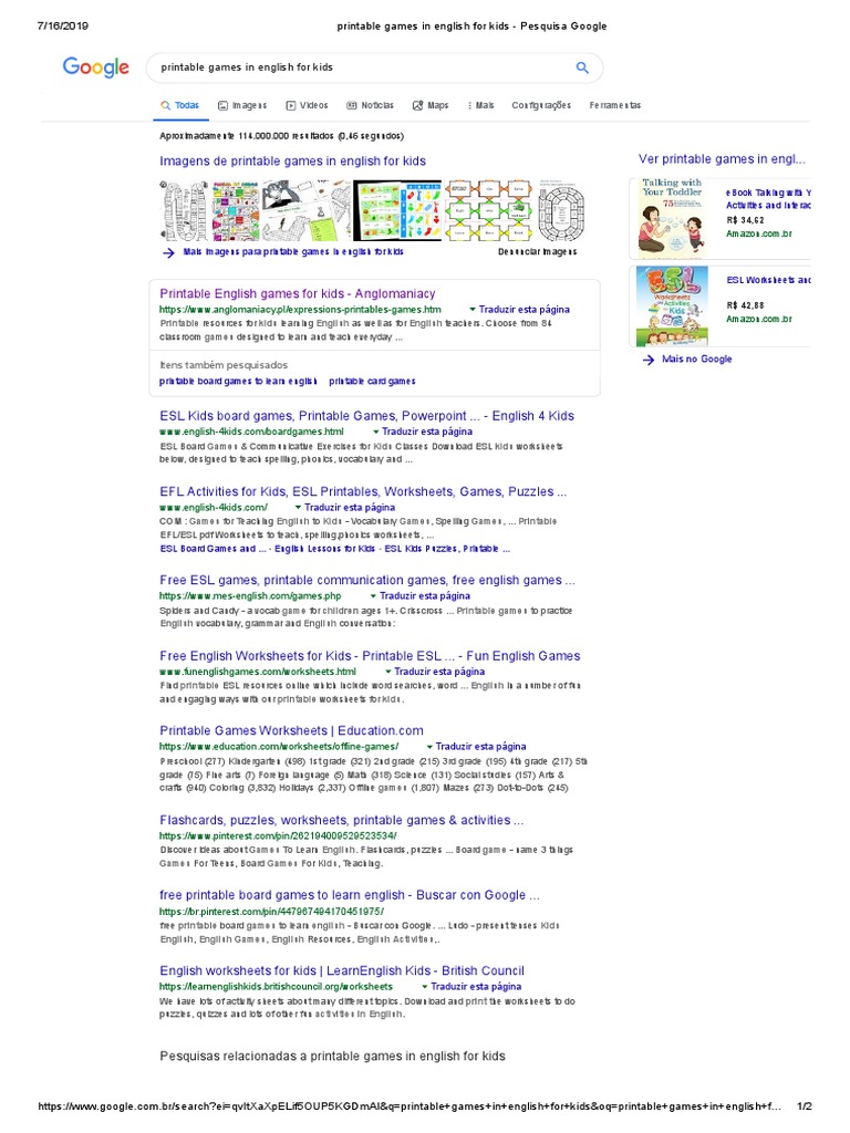 printable games in english for kids pesquisa google pdf english as a second or foreign language learning