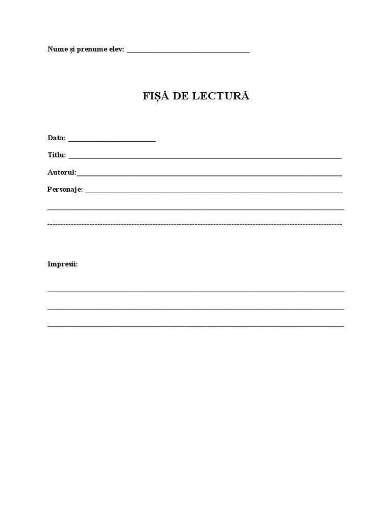 Model Fisa De Lectura Clasa A 4 A Fisa de Lectura Model | PDF