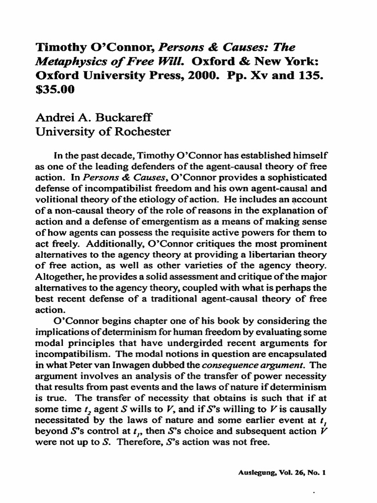 O'Connor's Defense of Agent-Causal Theory | PDF | Causality | Free Will