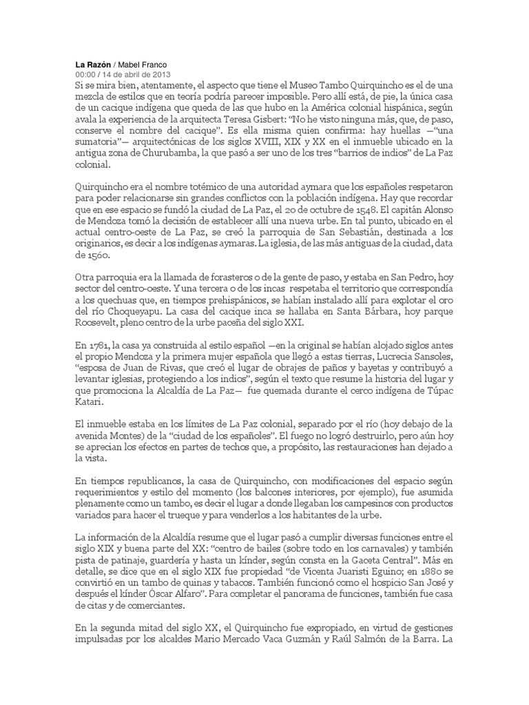Historia Tambo Quirquincho Pdf Museo Imperio Inca