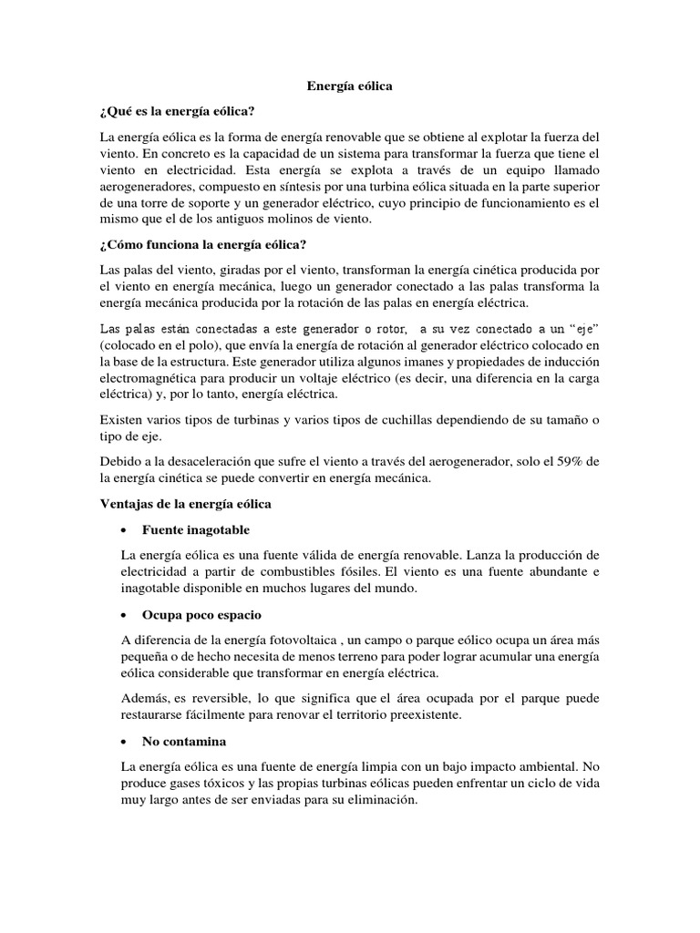 Partes y funcionamiento de aerogeneradores | PDF | Energía eólica ...