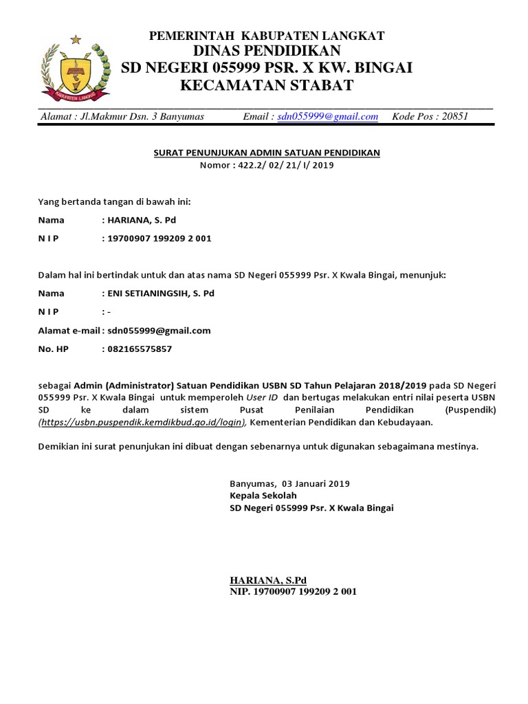 Contoh Surat Penunjukan Admin Usbn