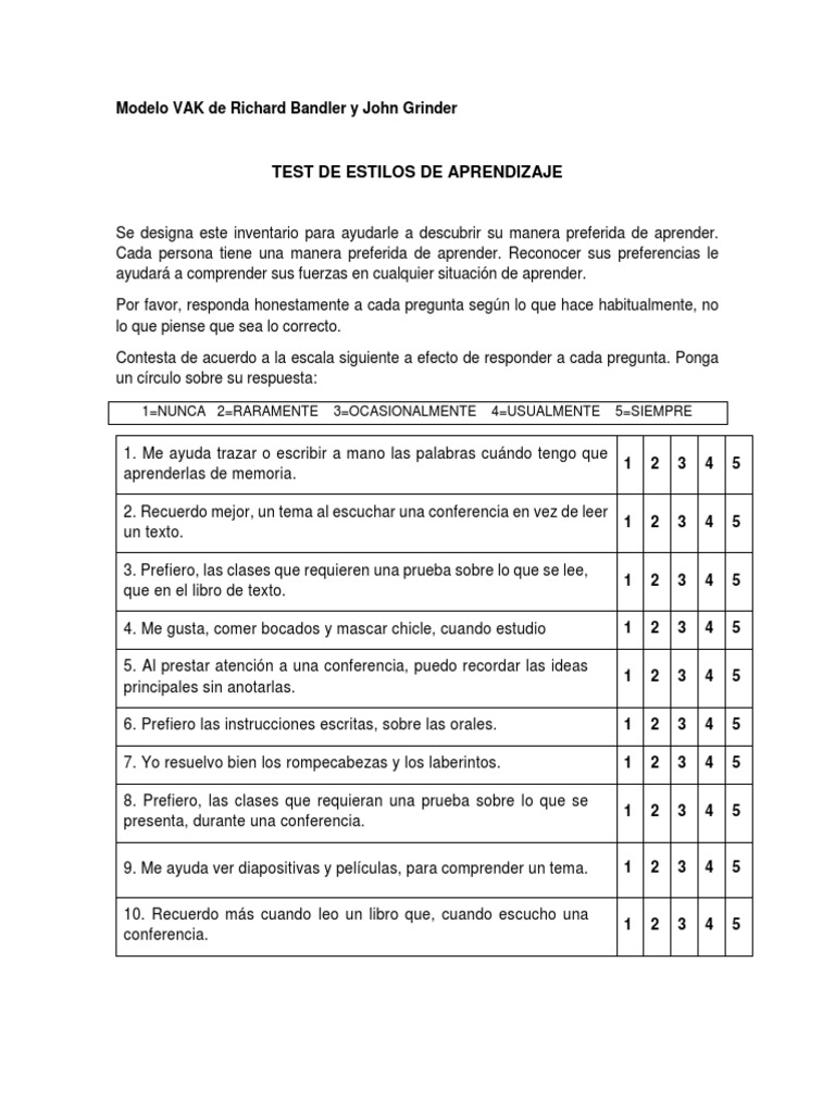 Test de Estilos de Aprendizaje VAK | PDF | Cognición | Educación avanzada
